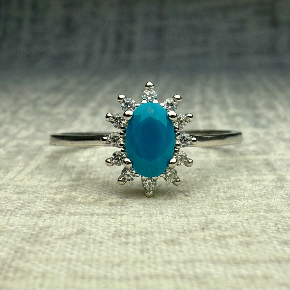 NWT Sterling Silver, Turquoise & CZ Crown Ring, Size 7